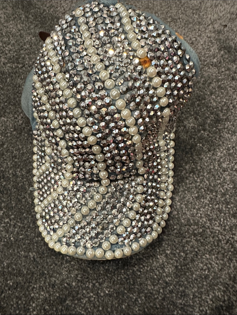 Rhinestone & Pearl Embellished Denim Baseball Cap - Light Blue